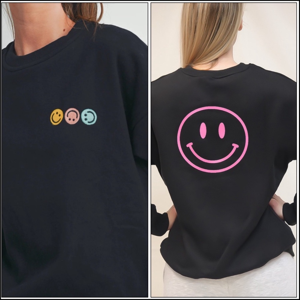 Smiley Embroidered Black Sweatshirt with Back Graphic Brand New